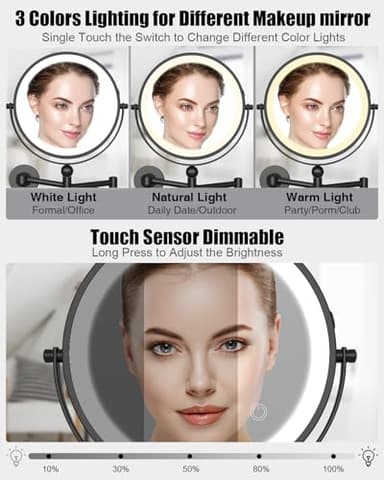 TOLOYE Height Adjustable Wall Mounted Makeup Mirror, Rechargeable Lighted Makeup Mirror 8 Inch Double Sided 1X/10X Magnifying Vanity Mirror with 3 Color Lights Dimmable 360 Swivel Extendable Arm - Image 3