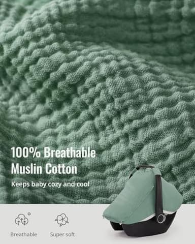 Blissful Diary Baby Car Seat Cover, Extra Large Mesh Window, Breathable Muslin Cotton, Infant Windproof Canopy, Must-Have Baby Gift - Roman Green - Image 4