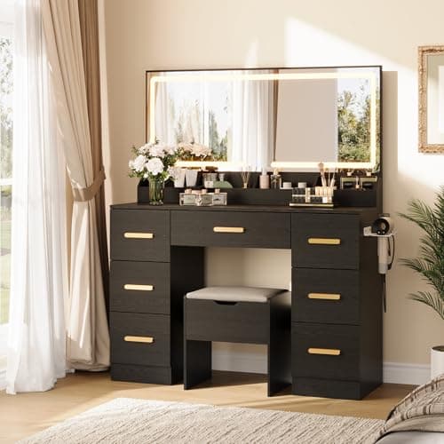 Garvee Vanity Desk with Large Mirror and Lights, 45.9In Makeup Vanity Desk, 3 Lighting Modes Adjustable Brightness, Vanity Table with Power Outlet &8 Drawers, for Powder Room and Bedroom - Image 1