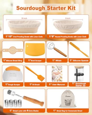 Sourdough Bread Baking Supplies Tools,10 Inch Oval & 9 Inch Round Banneton Bread Proofing Basket Set,Sourdough Starter Kit Gift for Bread Making (white with Starter Jar) - Image 3