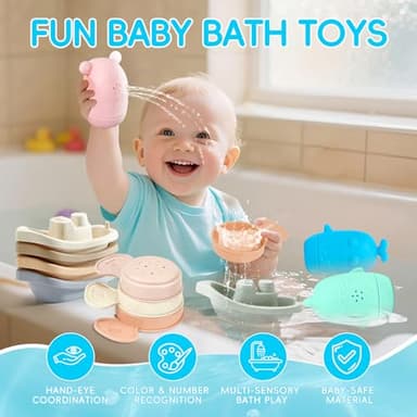 Baby Bath Toys for Kids Ages 1-3, 15 PCS Mold Free Toddler Bath Toys Bathtub Water Toys, Easy to Clean & Easy-Grip Stackable Boats & Spoons, Soft, Squeezable Silicone Bath Toy for Babies 6-12 Months - Image 2