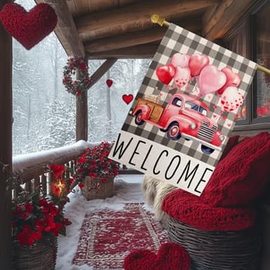 FUYUCHEN Valentines Day House Flag 28x40 Inch Double Sided Outside Buffalo Plaid Welcome Love Hearts Balloon Truck for Rustic Anniversary Wedding Holiday Outdoor Yard Decoration - Image 3