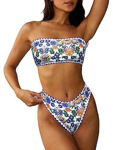 ZAFUL Women Strapless Textured Bandeau Bikini 2 Piece Swimwear Cheeky Solid Lace up Bathing Suits(7-Blue Yellow,M) - Image 1