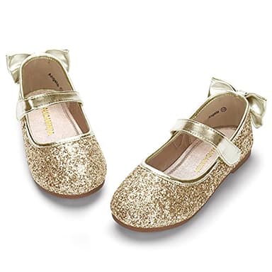 PANDANINJIA Toddler/Little Kid Girl's Angela Dress Mary Jane Ballet Flats Bow Flower Girl Wedding Party Ballerina Flat Shoes (Gold Sequin, 10 M US Toddler) - Image 1