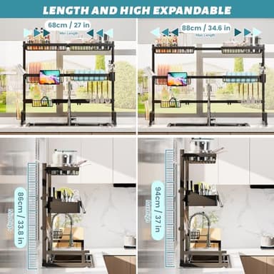 ADBIU Over The Sink Dish Drying Rack (Expandable Height and Length) Snap-On Design 2 Tier Large Dish Rack (27-40L x 12W x 32.5-37H (inches)) - Image 2