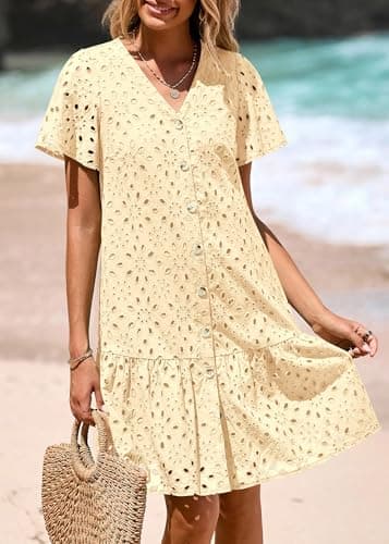 KIRUNDO Summer Dresses for Women 2025 Eyelet Button Down V Neck Short Sleeve Hollow Out A Line Loose Mini Babydoll Dress(Beige, Large) - Image 6