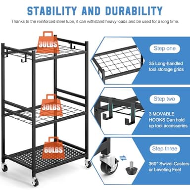 DAOUTIME Garden Organizer With Wheels, Yard Tower Rack for Garage Storage, Up to 35 Long-Handled Tools, Sturdy Metal Steel Holder With 3 Hooks, Outdoor, Black - Image 2