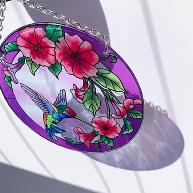 Stained Glass Window Hanging, Hummingbird Gifts for Women, Bird and Flowers Suncatcher for Window, 6" Purple Sun Catchers, Hand Painted Glass for Birds Lover (6 inch) - Image 8