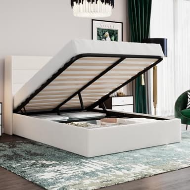 SHA CERLIN Queen Size Lift Up Storage Bed/Velvet Upholstered/Modern Wingback Headboard/Upholstered Platform Bed Frame/Hydraulic Storage/No Box Spring Needed/White - Image 1