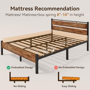 BedsPick 14 Inch Queen Bed Frame Sturdy Metal Bed Frame Queen Size with Wooden Headboard and Footboard, Noiseless/12.4" Under Bed Space/Durable Support//No Box Spring Needed/Anti-Slip, Brown - Image 7