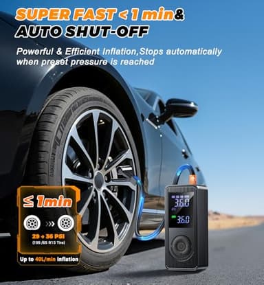 Tire Inflator Portable Air Compressor - 160PSI Fast Inflation Rechargeable Battery & 12V DC Adapter Powered Air Pump for Car Bike Motorcycle Tires Balls with LCD Display, LED Light, Pressure Gauge - Image 3