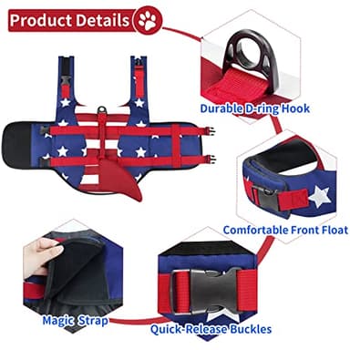 Malier Dog Life Jacket, High Buoyancy Shark Swimsuit, Ripstop American Flag, Medium, Red & Dark Blue - Image 3