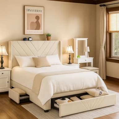 COMHOMA Queen Bed Frame with Headboard and USB & Type-C Charging Ports,Storage Drawers,Modern Upholstered Platform Frames with Padded Headboard, Heavy Duty Structure,No Box Spring Needed,White - Image 3