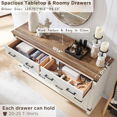Farmhouse 6 Drawers Dresser for Bedroom, Wood Large Chest of Drawers with Thick Plank Styling, Rustic Closet Dresser for Bedroom or Living Room, Antique White - Image 5
