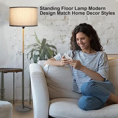 Modern Floor Lamp for Living Room Farmhouse Floor Lamps Pole with Linen Lamp Shade, Standing Tall Floor Lamps for Bedrooms and Office (Grey) - Image 3