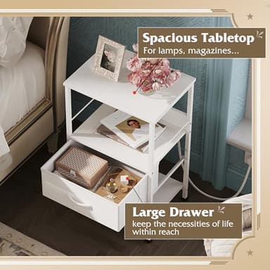 WLIVE White Night Stand with Charging Station, LED Nightstand with Adjustable Fabric Drawer, 3-Tier Storage Bedside Table, Small End Side Tables for Bedroom - Image 6