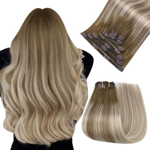 Easyouth 22 Inch Clip in Hair Extensions Balayage Human Hair Clip in Extensions Dark Brown Ombre Light Brown with Blonde Clips in Extension Add Length and Volume 120G 7Pcs - Image 1