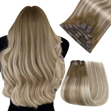 Easyouth 22 Inch Clip in Hair Extensions Balayage Human Hair Clip in Extensions Dark Brown Ombre Light Brown with Blonde Clips in Extension Add Length and Volume 120G 7Pcs - Image 1