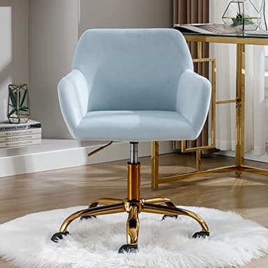KCC Velvet Office Desk Chair, Comfy Swivel Modern Leisure Armchair with Wheels, Upholstered Comfy Velvet Fabric Makeup Chair Height Adjustable for Teens Women Girls Elegant Home Office, Baby Blue - Image 2