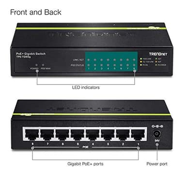 TRENDnet 8-Port Gigabit PoE+ Switch, TPE-TG80G, 8 x Gigabit PoE+ Ports, 123W PoE Power Budget, 16 Gbps, Ethernet Splitter, NDAA & TAA Compliant, Metal, Lifetime Protection, Black - Image 2