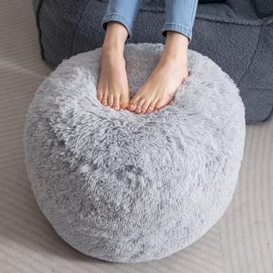 HIGOGOGO Round Stuffed Pouf Ottoman, Long Faux Fur Poufs with Foam Chunk Filling, Fluffy and Furry Pouf Foot Stool Storage Ottoman, 20 X 15 Floor Poufs Foot Rest for Living Room, Grey - Image 1