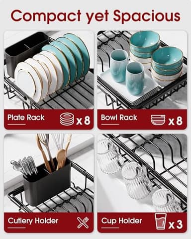 Sakugi Dish Drying Rack in Sink - Expandable Stainless Steel Dish Rack Over The Sink, Kitchen Sink Drain Strainer with Cutlery Holder & Cup Holders, 15.4 x 9.8 x 3.0 Inch, Black - Image 2