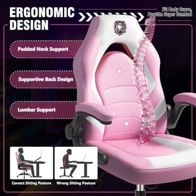 BestGlory Gaming Chair, Leather High-Back Home Office Desk Chair with Flip-Up Arms, Ergonomic Padded Rolling Wheels Swivel Tilt Gamer Computer Chair with Comfy Lumbar Support, Height Adjustable, Pink - Image 4