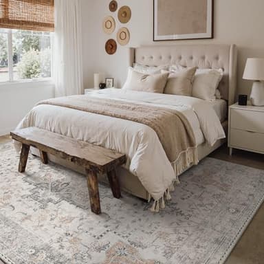 GENIMO 8x10 Area Rugs for Living Room, Machine Washable Non Slip Vintage Rugs, Low Pile Lightweight Chenille Print Rug for Bedroom, Dining Room, Home Office, Light Taupe Brown - Image 3