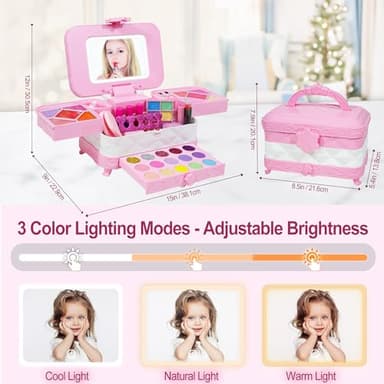 YasinKidz 60 in 1 Kids Makeup Kit, with 3-Color Led Makeup Mirror Real Washable Kids Makeup Sets for Girls 5-8, Perfect Girl Birthday Gift, Age 3+ - Image 2