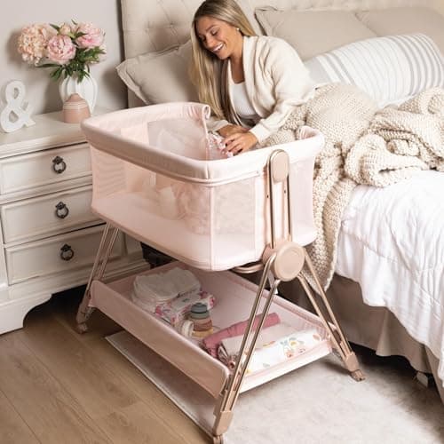 KOOLABABY Baby Bedside Sleeper - Bassinet & Bedside Crib with Height Adjustment & Wheels - Can Be Placed Next to Bed - Attaches to Parents Bed - Easy to Fold & Carry Bassinet for Girls (Pink) - Image 1
