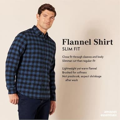 Amazon Essentials Men's Flannel Shirts Long Sleeve, Slim-Fit Button Down Plaid, Black Blue Buffalo Plaid, X-Small - Image 2