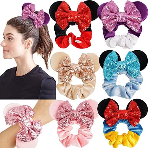 6 Pack Mouse Ears Scrunchies Velvet Sparkle Sequin Mouse Bows Hair Scrunchies Hair Ties Elastic Rubber Bands Ponytail Holders for Kids Women Girls Christmas Party Decoration - Image 1
