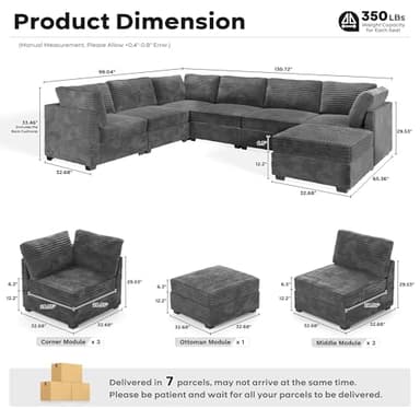 ovios Sectional Sofa Couch with U-Shape Chaise Sofa Bed, Comfy Modular Cloud Couches with Deep Seat, Modern Upholstered Plush Corduroy Sofas Set for Living Room, 7-Seater, Grey - Image 2