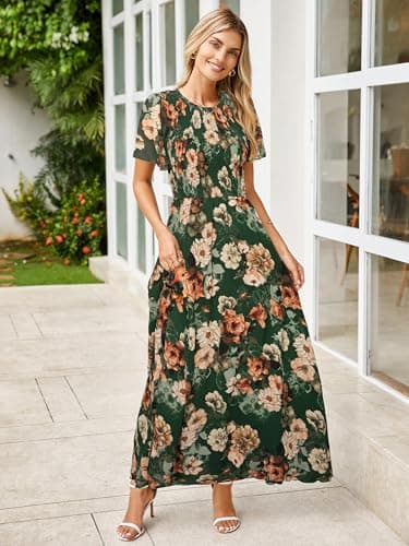Simplee Womens Spring Floral Maxi Wedding Guest Dress Bohemian Short Sleeve Loose Sundress Lightweight Flowy Prom Vacation Dress(Green XL) - Image 3