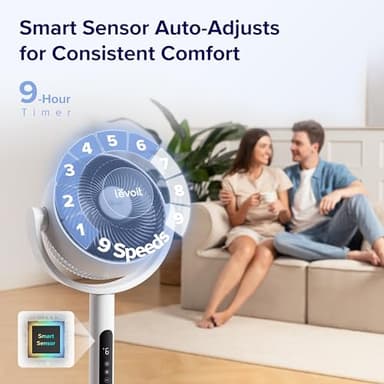 Levoit Standing Fan for Bedroom, CirculAir 120° Oscillating, Quiet 20dB, 9 Speeds, 4 Modes, DC Motor, 2 in 1 Pedestal & Tabletop, 82ft, Remote Control, Sensor, 9H Timer, 908CFM Ultra-High Airflow - Image 5