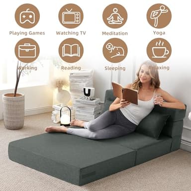FILUXE Convertible Folding Sofa Bed - Sleeper Chair with Pillow, Modern Linen Fabric Floor & Futon Couch, Foldable Mattress for Living Room/Dorm/Guest/Home Office/Apartment, Standard Size, Dark Gray - Image 4