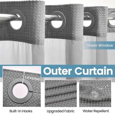 EUTXL Grey Shower Curtain and Liner Set - 230GSM Waffle Weave Textured Heavy Duty,Hotel Luxury Weighted Bath Curtain,71W x 74H - Image 5