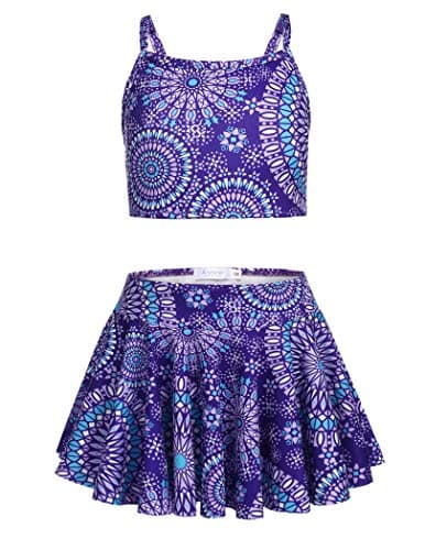 Arshiner Bathing Suits 3 Piece Girl Hawaiian Bathing Suit Tankini Skirt Set Kids Swimming Clothes Floral Swimsuits 14-15 Years Purple Bathing Suits for Teens 14-16 - Image 1