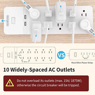NTONPOWER 25 Ft Extension Cord, 2100J Surge Protector Power Strip with 10 Widely Spaced Outlets 2 USB Ports, Overload Protection, Wall Mountable for Indoor, Home, Office or Garage,White - Image 8
