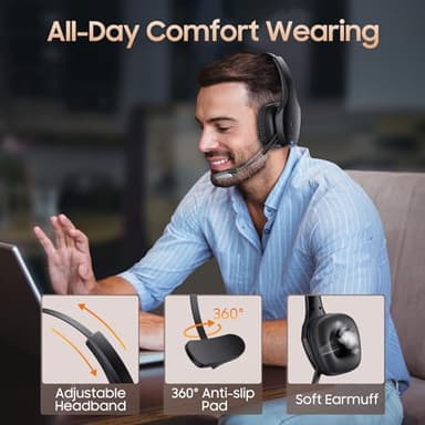 Trucker Bluetooth Headset, Wireless Headset with Mic, Bluetooth Headsets with Dual Noise Cancelling Microphone & Mute Button, 55Hrs Working Time PC Headsets for Cell Phones, Computer, Truck Driver - Image 5