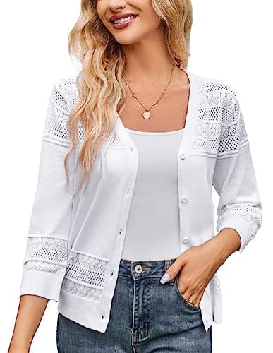 GRACE KARIN Women's Cropped Cardigan 3/4 Sleeve Lightweight Crochet Shrug Hollowed-Out Knit Sweater Tops Bright White L - Image 1