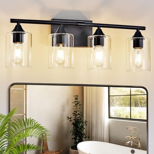 XPEHK 4-Light Bathroom Light Fixtures,Black Bathroom Vanity Light,Bathroom Lights Over Mirror with Clear Glass Shade,Modern Sconce Wall Lighting for Mirror Bedroom Vanity Hallway - Image 1
