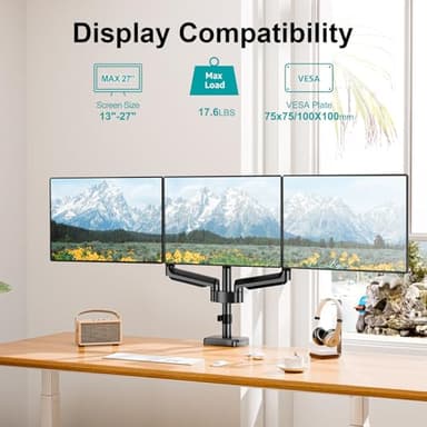 MOUNT PRO Triple Monitor Mount, 3 Monitor Desk Arm fits Three Max 27" LCD Computer Screens, up to 17.6lbs Each, Premium Gas Spring Display Stand with Tilt Swivel Rotation, Vesa Mount 75x75,100x100 - Image 3