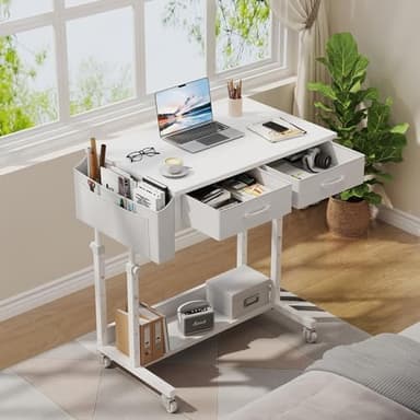 Small White Portable Rolling Desk - 32 Inch Adjustable Mobile Standing Teacher Desks with 2 Fabric Drawers on Wheels, Couch Sofa Side Laptop Table with Storage for Bedroom Home Office, White - Image 2