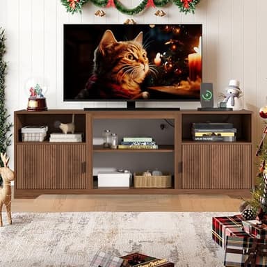 Fluted TV Stand for Tvs up to 80",Mid Century Modern TV Stand with Open Adjustable Shelf,Entertainment Center Wood TV Media Console with Cord Holes,TV Stand for Living Room Furniture Bedroom,Walnut - Image 1