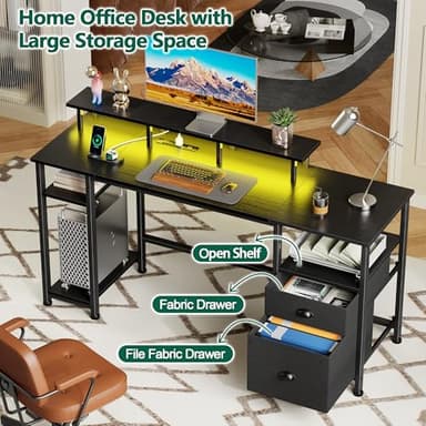 Furologee 61" Gaming Desk with Power Outlets & LED Lights, Reversible Computer Desk with File Cabinet & Monitor Stand for Home Office, Large Work Table with Storage Shelves & Drawer, Black - Image 5