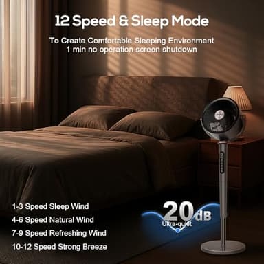 hykolity Large Pedestal Fan for Bedroom, 120°+90°Omni-directional Oscillating Standing Fan, 85ft Air Circulator With Remote, DC Motor Quiet Floor Fans, Adjustable Height, 12 Speeds, 5 Modes, 12H Timer - Image 8