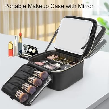 Relavel Travel Makeup Bag With LED Mirror, Cosmetic Train Case with Light up Mirror, Portable Makeup Artist Organizer Bag with Adjustable Dividers, Makeup Brush Holder Storage, Black - Image 2