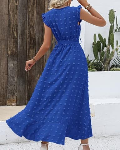 BTFBM Women V Neck Summer Dress 2025 Cap Sleeve Swiss Dot Boho Flowy Ruffle Slit Beach Party Long Maxi Cocktail Dresses(Royal Blue, Large) - Image 4