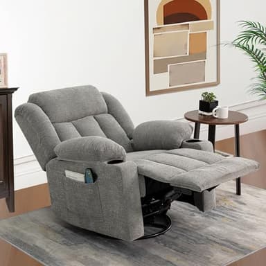 Ketaiyou Rocker Swivel Recliner Chair for Adults, Overstuffed Large Manual Recliner Glider with Massage and Heat, Comfy Soft Fabric Living Room Reclining Sofa Chair(Lime Gray) - Image 8